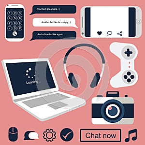 Isolated technology related gadgets for communication, social media and hobbies. Flat illustration of modern elements and icons