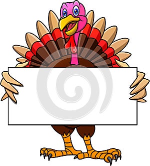 Cute turkey bird cartoon holding blank sign