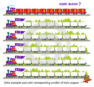 Educational page for children on addition and subtraction. Solve examples and color corresponding number of train wagons.