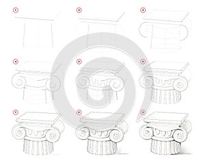 How to draw step-wise antique column in ancient Greek architecture. Creation step by step pencil drawing. photo