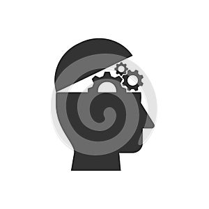 Human head simple silhouette icon with cogwheel.