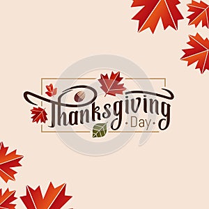 Happy Thanksgiving Hand lettering Text with Illustrated Green Leaves