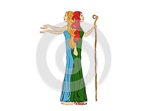 Women in the image of a two-faced Janus. Vector illustration photo