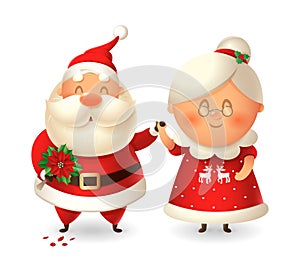 Santa Claus with flowers for his wife Mrs Claus - couple in love celebrate winter holidays - vector illustration isolated on trans