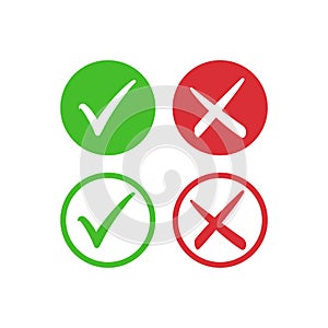 Tick symbol set in red and green circle, checkmark in checkbox vector icons.