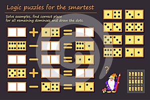 Logic puzzle game for children and adults. Solve examples, find correct place for all remaining dominoes and draw the dots. photo