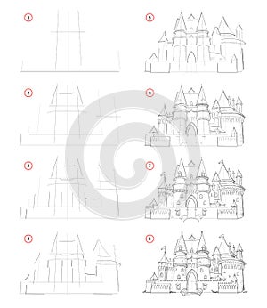 How to draw from nature step by step sketch of medieval French castle. Creation pencil drawing. Educational page for artists.