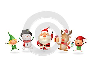 Christmas Friends Elves Santa Snowman and Reindeer celebrate holidays - jumping singing dancing - vector illustration isolated on photo