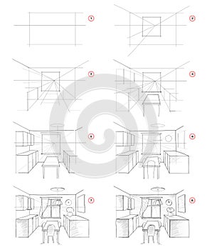 How to draw from nature step by step sketch of kitchen interior in perspective. Creation pencil drawing. photo