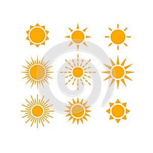 Sun and sunrays various vector icon set.