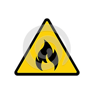 Fire warning sign on white. Fire warning sign in yellow triangle. Flammable, inflammable substances icon. Vector photo