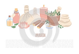 Vector illustration Ayurveda in trendy flat style. Set of elements for Ayurvedic massage and Aromatherapy.