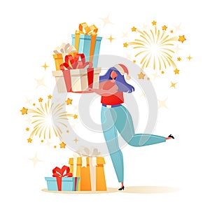 Christmas and New Year concept for greeting card with woman that holding girfts.