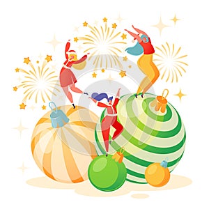 Happy New Year 2020 greeting card. Vector illustration with tiny characters joyfully dancing on large balls