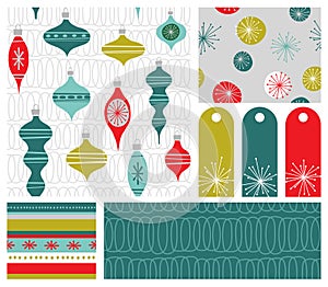 Set of new coordinating holiday seamless patterns, gift tags and design elements for gift wrap, cards and decoration.