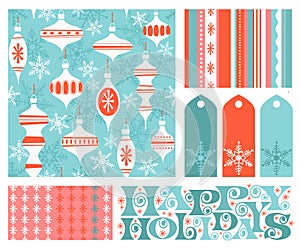 Set of new coordinating holiday seamless patterns, gift tags and design elements for gift wrap, cards and decoration.