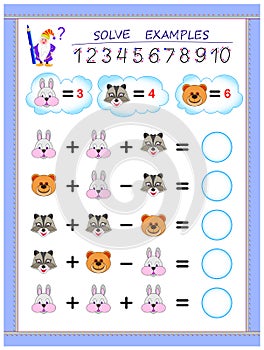 Educational page for little children on addition and subtraction. Solve examples according to value of each animal. photo