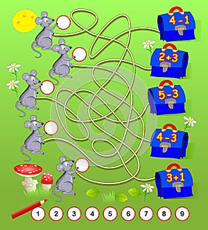 Math education for young children. Solve examples and write numbers in circles. Exercises on addition and subtraction. photo