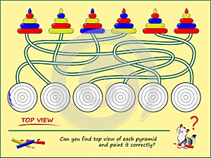 Logic puzzle game for kids. Can you find top view of each pyramid and paint it correctly? Development children drawing skills.