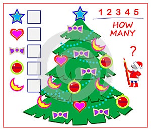 Logic puzzle game for children and adults. Count quantity of toys in Christmas tree and write numbers in squares.