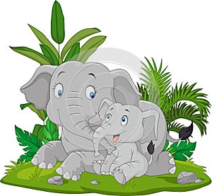 Cartoon Mother and baby elephant in the grass