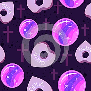 Ouija planchettes and crystal ball with galaxy motif, violet seamless pattern. Occult repetitive background about good energy and