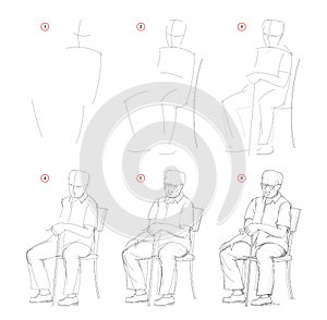 How to draw from nature sketch of sitting old man. Creation step by step pencil drawing. Educational page for artists. photo