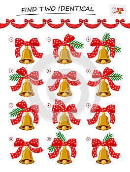 Need to find two identical Christmas bells. Logic puzzle game for children and adults. Printable page for kids brain teaser book.