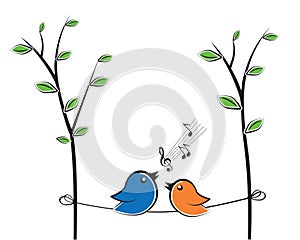 Singing birds silhouettes on branch, vector. Colorful fun bird illustration. Cartoon.  Wall decals, wall artwork.  Poster design