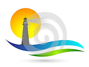 Lighthouse sun set sea wave water beach globe world  logo illustrations vector icon clip art