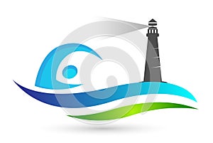Swimming sea wave water lighthouse winning swimming logo team work celebration wellness icon vector designs on white background