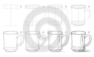 How to draw from nature sketch of realistic glass mug. Creation step by step pencil drawing. Educational page for artists. photo
