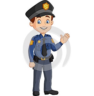 Cartoon smiling policeman waving hand photo