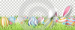 Happy Easter background with realistic painted eggs, grass, flowers, and rabbit ears.