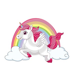 Cute little pony unicorn with wings on clouds and rainbow