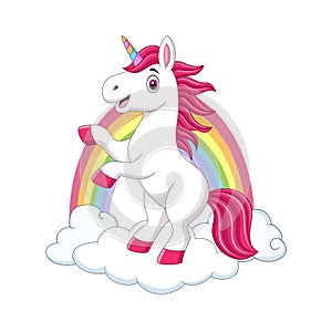 Cute little pony unicorn on clouds and rainbow