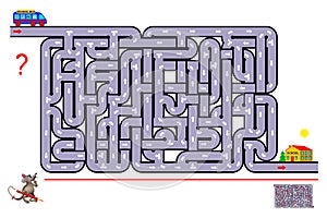 Logic puzzle game with labyrinth. Help the school bus bring the children to school. Find the way and draw the line. photo