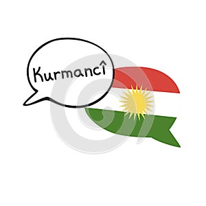 Translation: the Kurdish language. Vector illustration of two doodle speech bubbles with a national flag of Kurdistan and hand wri