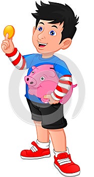 Boy holding piggy bank, Boy saves money with piggy photo