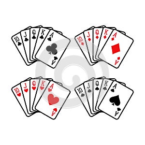 Royal flush hand of clubs, diamonds, hearts and spades playing cards deck colorful illustration. photo