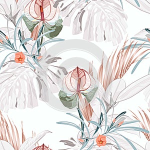 Seamless tropical exotic flowers and Ficus Elastica and leaves pattern on light background.