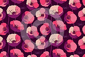 Art floral vector seamless pattern. Red, pink, maroon, burgundy, beige poppies.