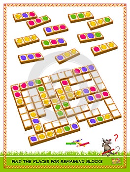 Logic puzzle game for children and adults. Need to find places for remaining blocks and to color white squares. photo