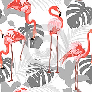 Pink flamingo, grey graphic palm leaves, white background. Floral seamless pattern.