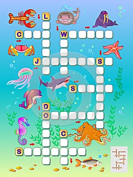 Crossword puzzle game for kids with sea animals. Educational page for children to study English language and words. photo