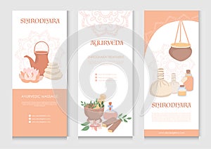 Set of vector flier templates Ayurvedic massage. Collection of flyers for Shirodhara treatment or traditional Indian SPA salon.