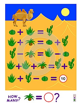 Mathematical logic puzzle game for children and adults. Solve examples and count which number corresponds to the cactus. photo