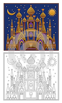 Colorful and black and white template for coloring. Illustration of fairyland medieval kingdom. Kids education. photo