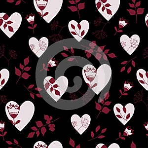 Holiday background, seamless pattern with red hearts. Valentine herbs backdrop. Black background.