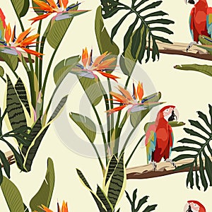 Tropical leaves, strelitzia flowers, birds of paradise red parrot seamless realistic background.